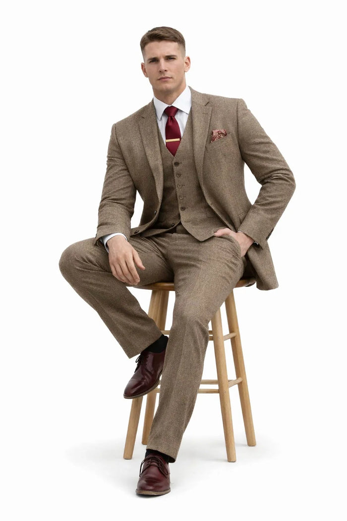 Light Brown Tweed Suit - Taupe Color Tweed Suit - Two Button Jacket
