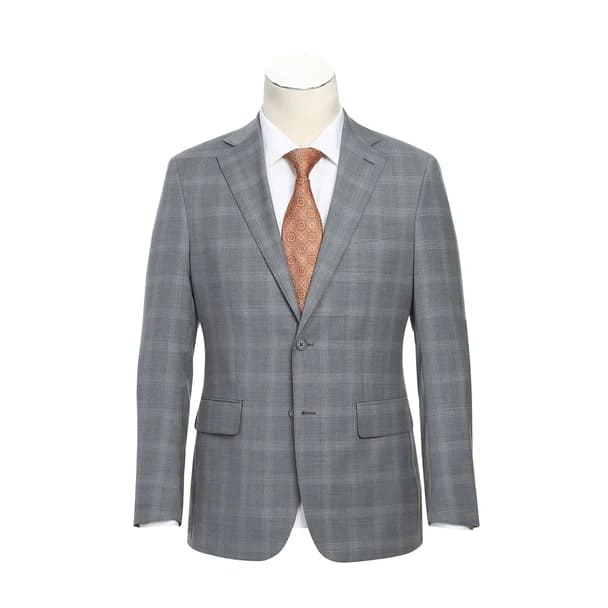 Wool Stretch Single Breasted Slim Fit Light Grey Windowpane Suit