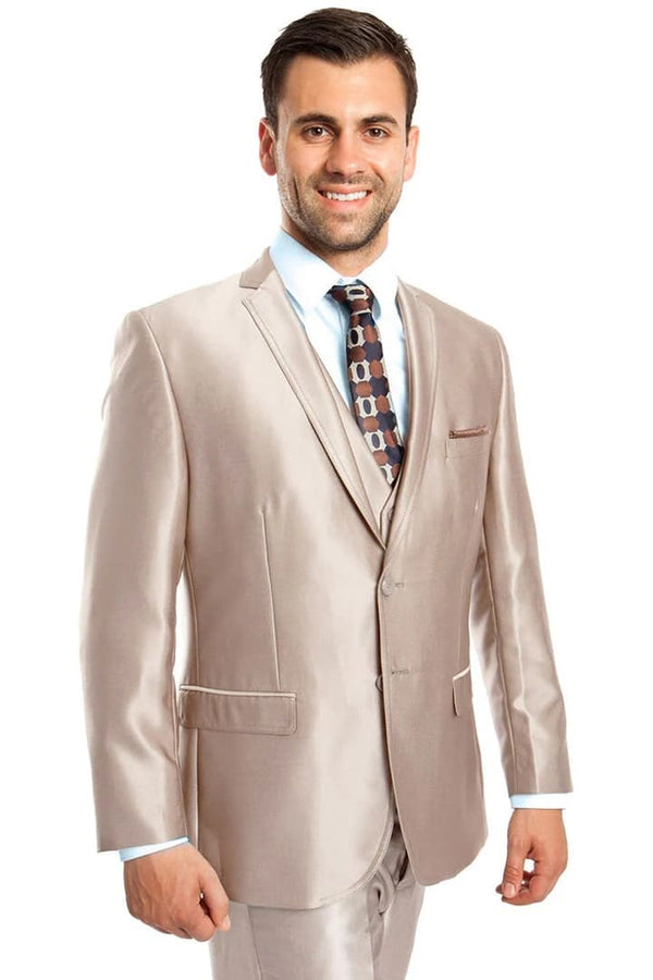 Men's Two Button Vested Shiny Sharkskin Wedding & Prom Fashion Champagne Light Suit