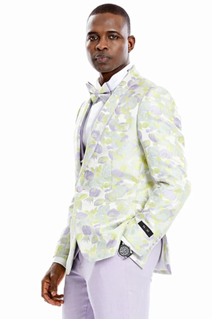 Men's One Button Vested Water Color Tulip Floral Print Wedding Dinner Jacket Lilac Tuxedo Suit