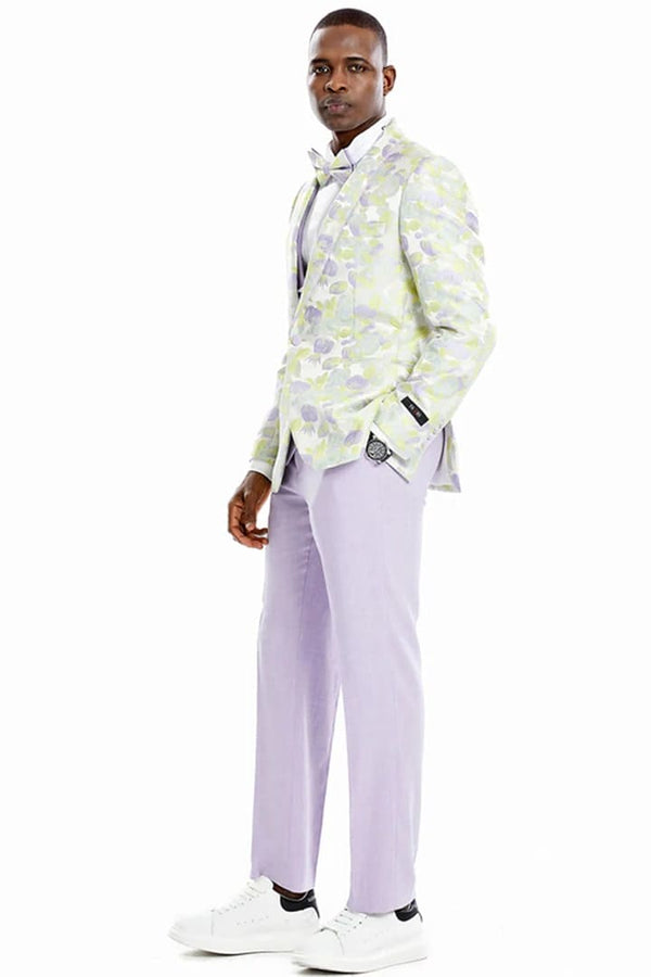 Men's One Button Vested Water Color Tulip Floral Print Wedding Dinner Jacket Lilac Tuxedo Suit