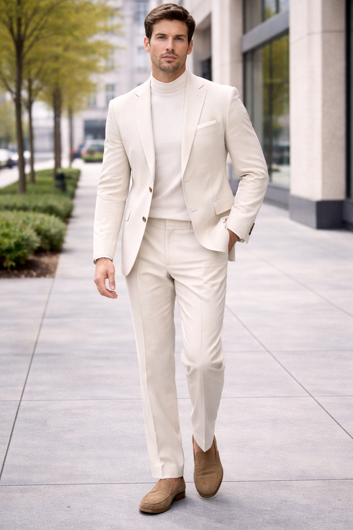 Linen Wedding Suit - Summer Fabric 2 Button Modern Fit No Pleated Pants Jacket + Pants in Color