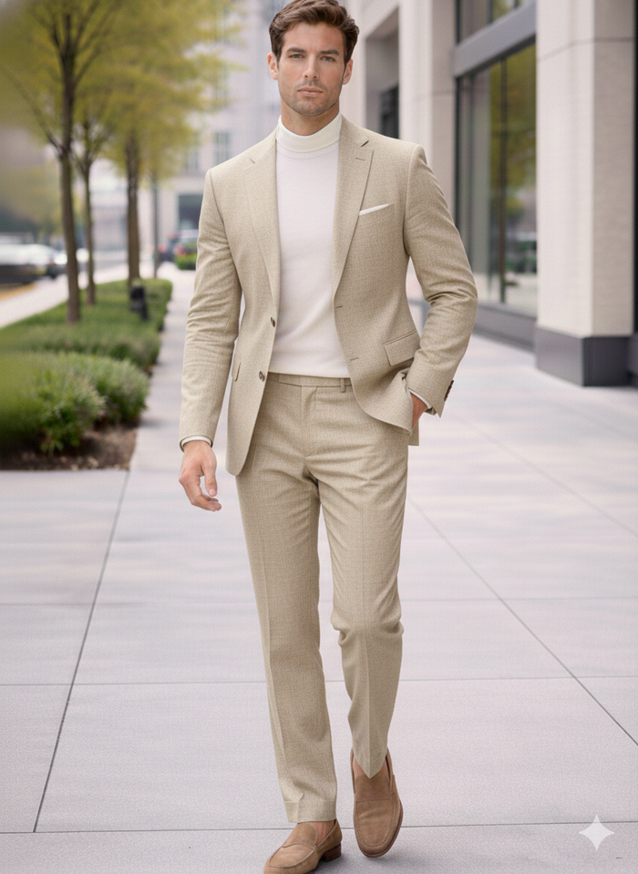 Linen Wedding Suit - Summer Fabric 2 Button Modern Fit No Pleated Pants Jacket + Pants in Color