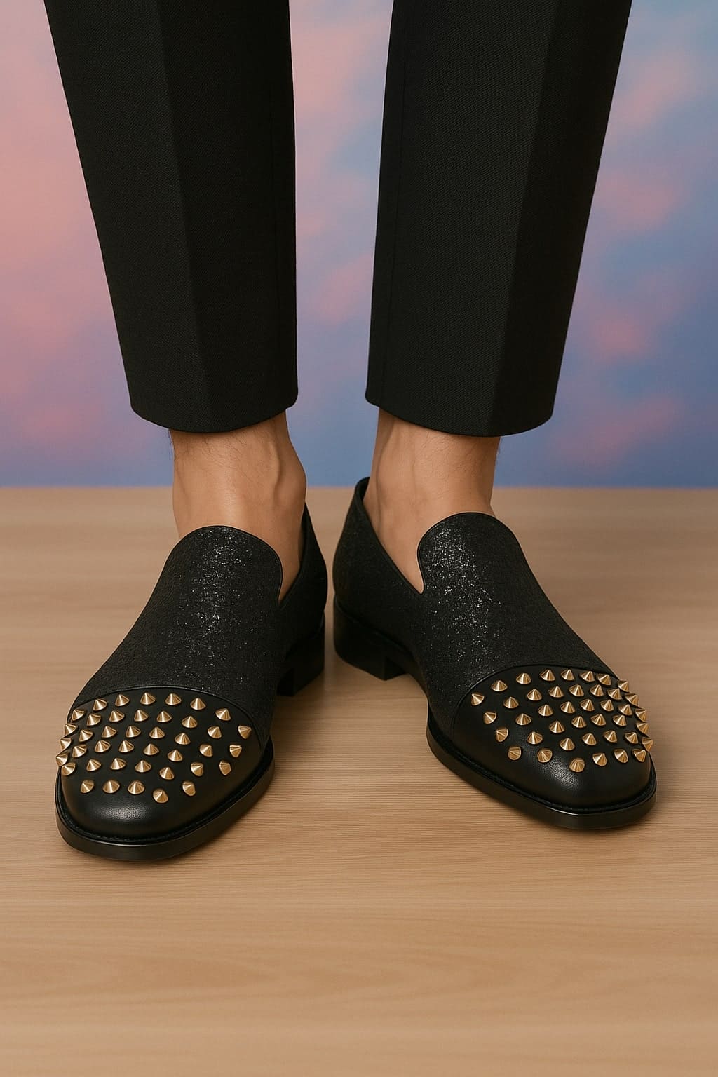 Men's Black Glitter Loafers with Spike Studded Toe – Designer Slip-On Dress Shoes for Parties and Events