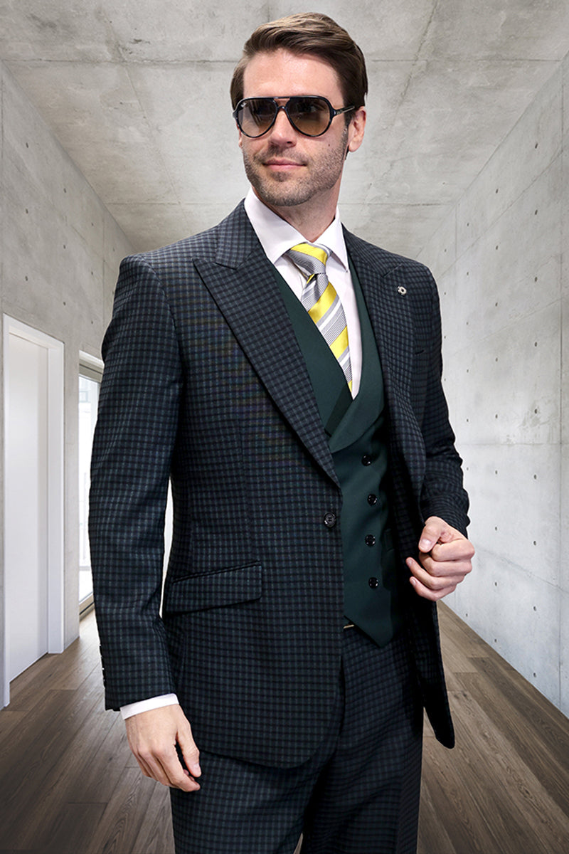 Men's hunter green micro plaid wool suit with a peak lapel one-button jacket and matching vest. Features a tailored fit and structured form. Wool blend fabric. Sharp detailing.
