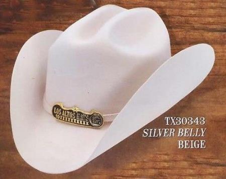 Men's Los Altos cowboy hat in light gray wool. Wide-brimmed with a rounded crown, smooth texture, and gold-tone band with branding. Classic duranguense style.
