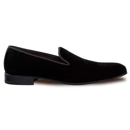 Mezlan Lublin men's slip-on: Black velvet upper, sleek silhouette. Rounded toe, low-profile black sole. Elegant, minimal design for a refined, formal look.
