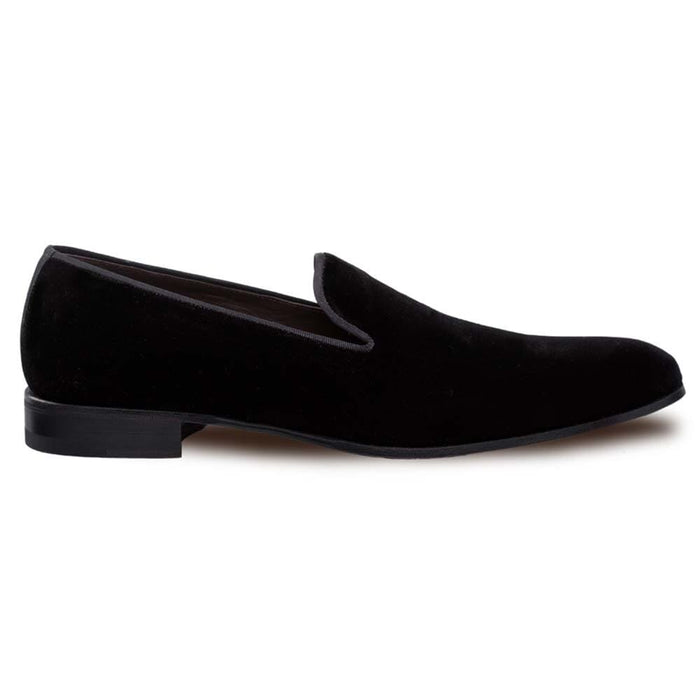 Mezlan Lublin men's slip-on: Black velvet upper, sleek silhouette. Rounded toe, low-profile black sole. Elegant, minimal design for a refined, formal look.
