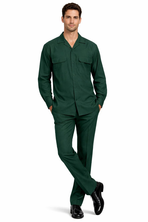 Mens Luxury Hunter Green Wool Two-Piece Leisure Walking Suit