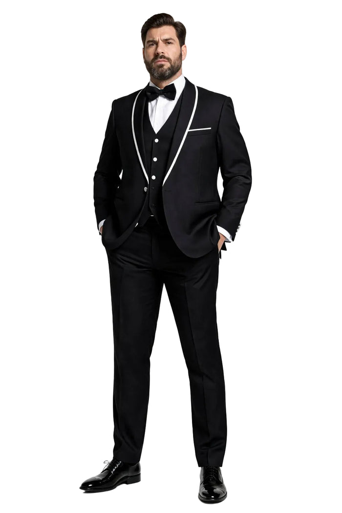 Mens One Button Satin Trim Shawl Tuxedo in Black & White