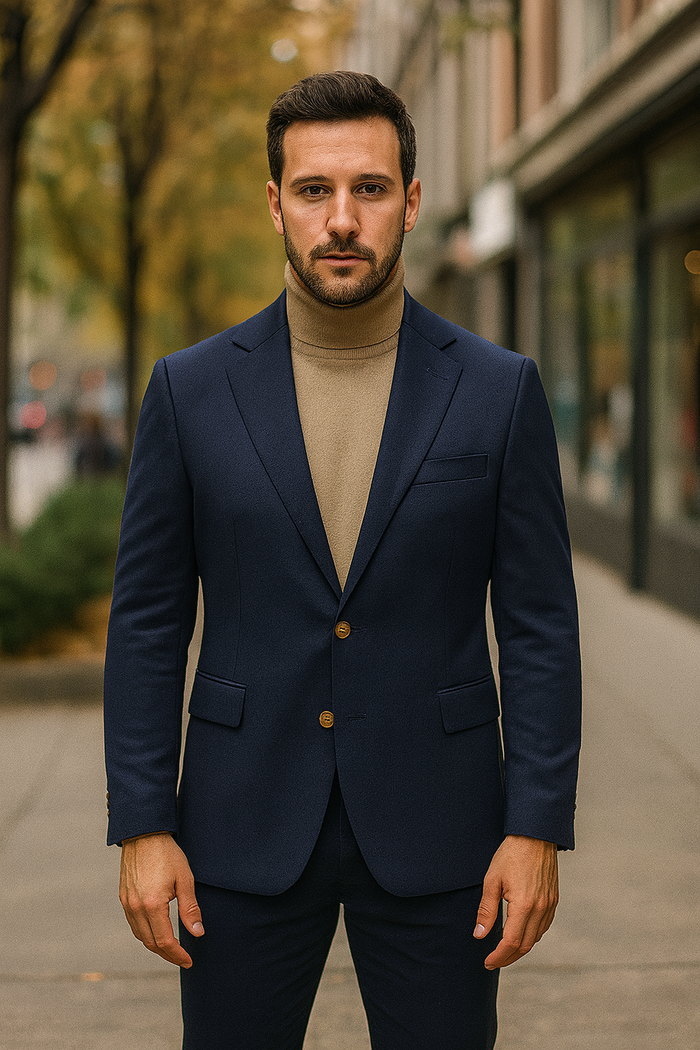 Navy cashmere men's jacket with notch lapel, tailored fit, and contrasting buttons. Features two front pockets.

