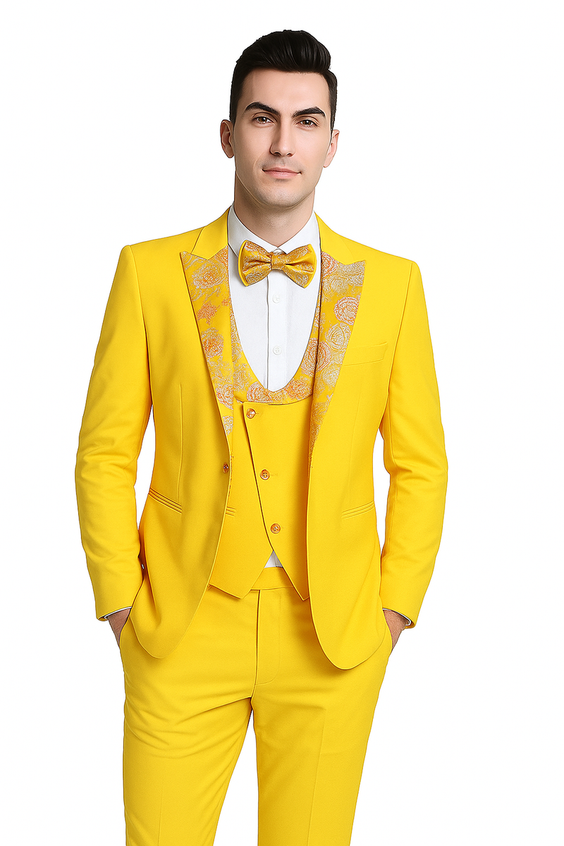 Radiant golden yellow 3-piece suit for men. Features single-breasted jacket with floral peak lapel, matching bow tie, vest, and fitted trousers. Smooth, tailored material for a formal look.