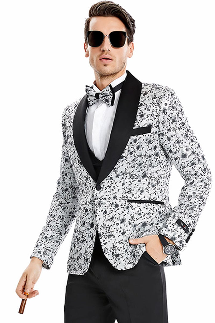 "Vintage Splatter Print Prom 2026 Tuxedo - Men's One Button Vested Shawl Lapel in Silver Grey"