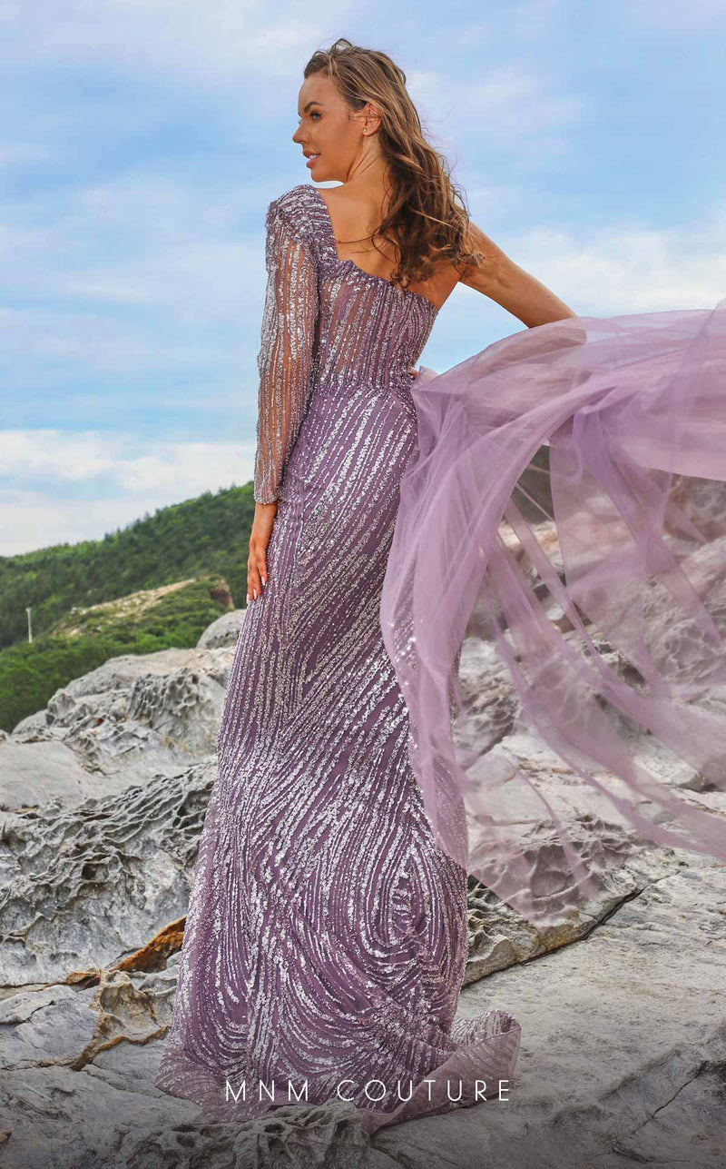 MNM Couture M1053 Asymmetric Purple Embroidered Mesh Gown