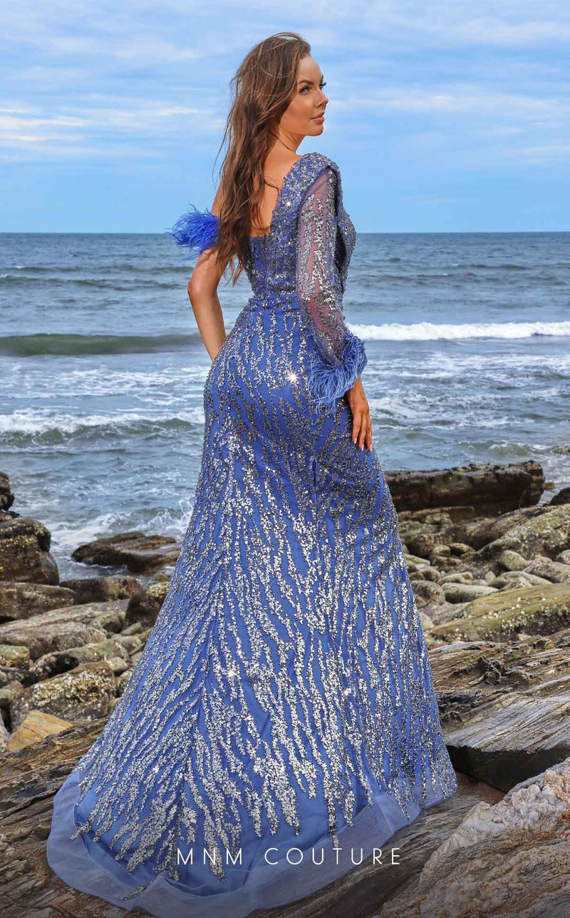 MNM Couture M1057 Blue Asymmetric Embroidered Mesh Feather Gown