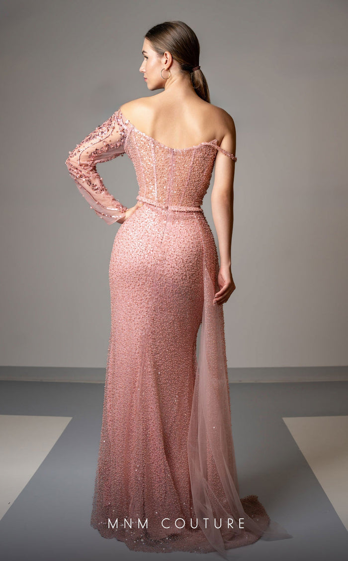 MNM Couture M1165 Pink Embroidered Mesh Gown – One-Sleeve Beauty
