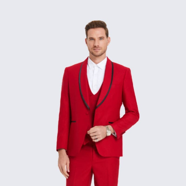 Red Textured Tuxedo With Satin Trim Four Piece Set