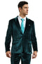 Teal green slim fit velvet men's suit. Single-breasted jacket with peak lapels, two front pockets, and matching trousers. Smooth, luxurious fabric.
