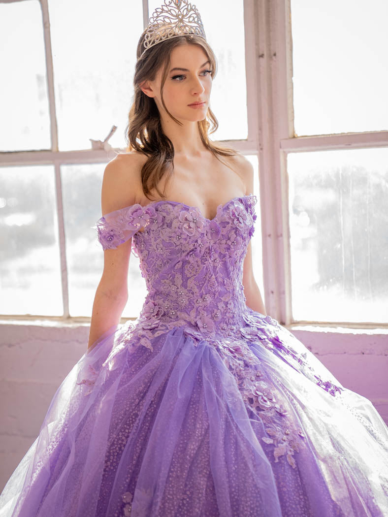 3D Floral Off-Shoulder Glitter Ball Gown by Calla KY-73112