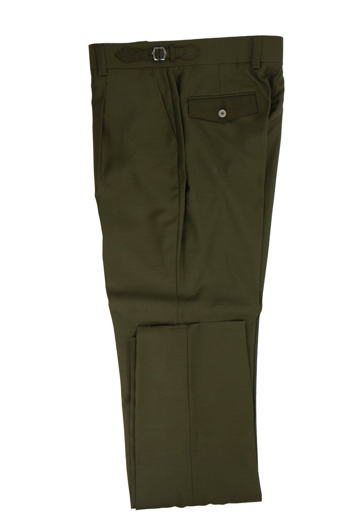 Tiglio Luxe olive wool Marbella dress pants: semi-wide leg, straight cut. Solid olive wool with flat front, belt loops (includes belt), and a single back pocket with button closure.
