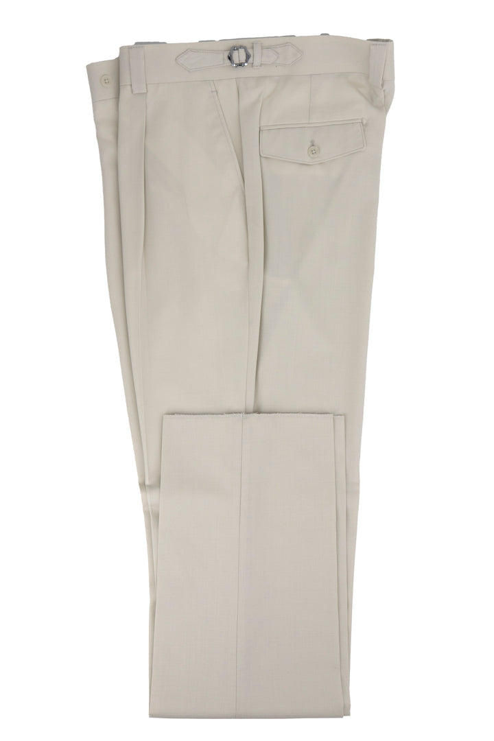 Tiglio Luxe TL2648 Marbella dress pants in light beige. Semi-wide leg, flat front, belt loop/buckle waistband, and one rear pocket. Smooth texture, tailored look.