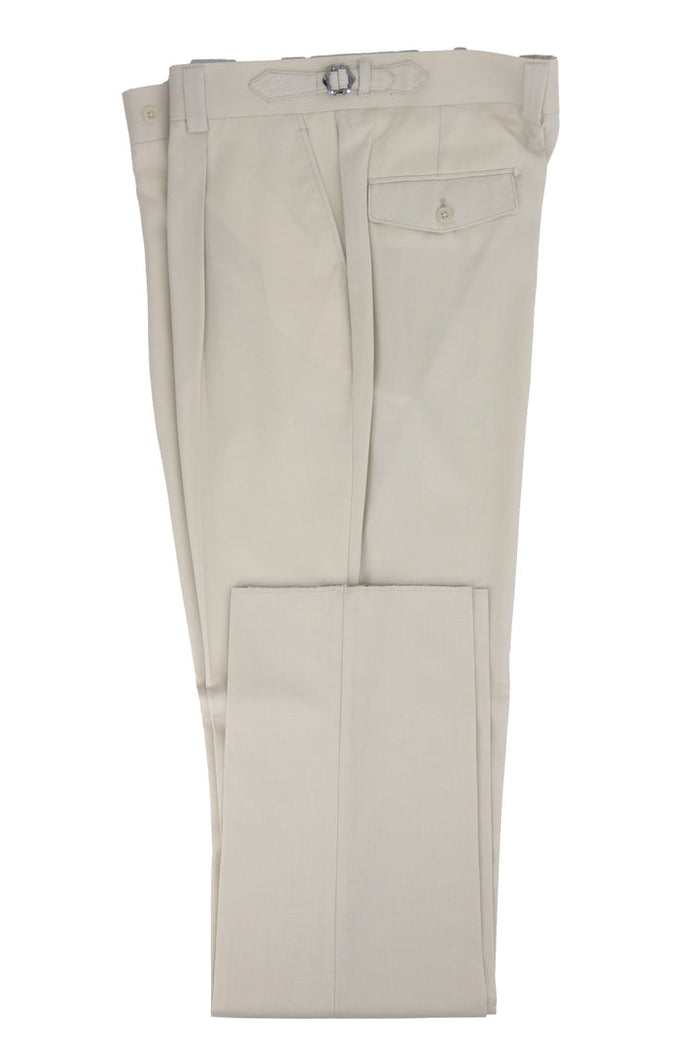 Tiglio Luxe TL2648 Marbella dress pants in light beige. Semi-wide leg, flat front, belt loop/buckle waistband, and one rear pocket. Smooth texture, tailored look.