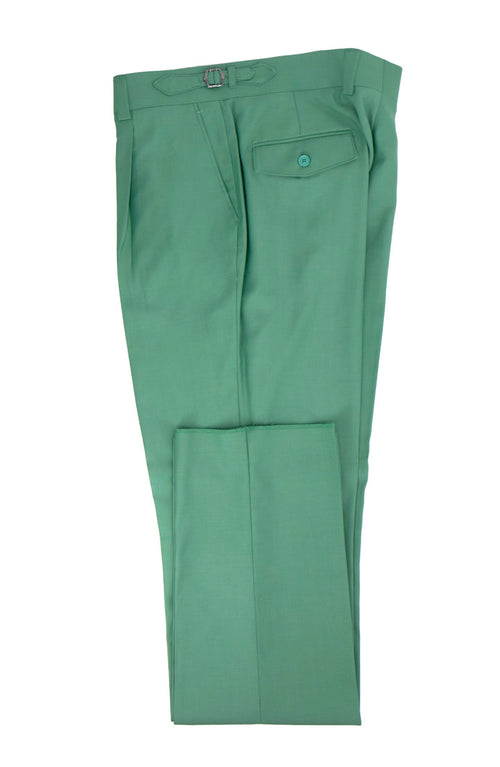 Tiglio Luxe Jade Marbella Dress Pants (TL4015). Semi-wide leg, jade green, wool trousers. Flat front, belt loops, button closure, and a single back pocket. Structured, clean look.