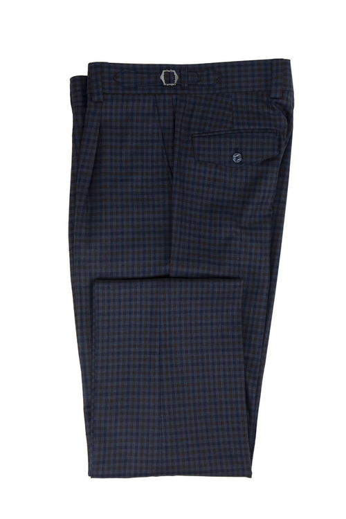 Tiglio Luxe navy/brown check Marbella dress pants. Semi-wide leg, classic check pattern. Wool fabric, tailored waistband with button closure, and button-down back pocket. Relaxed fit.
