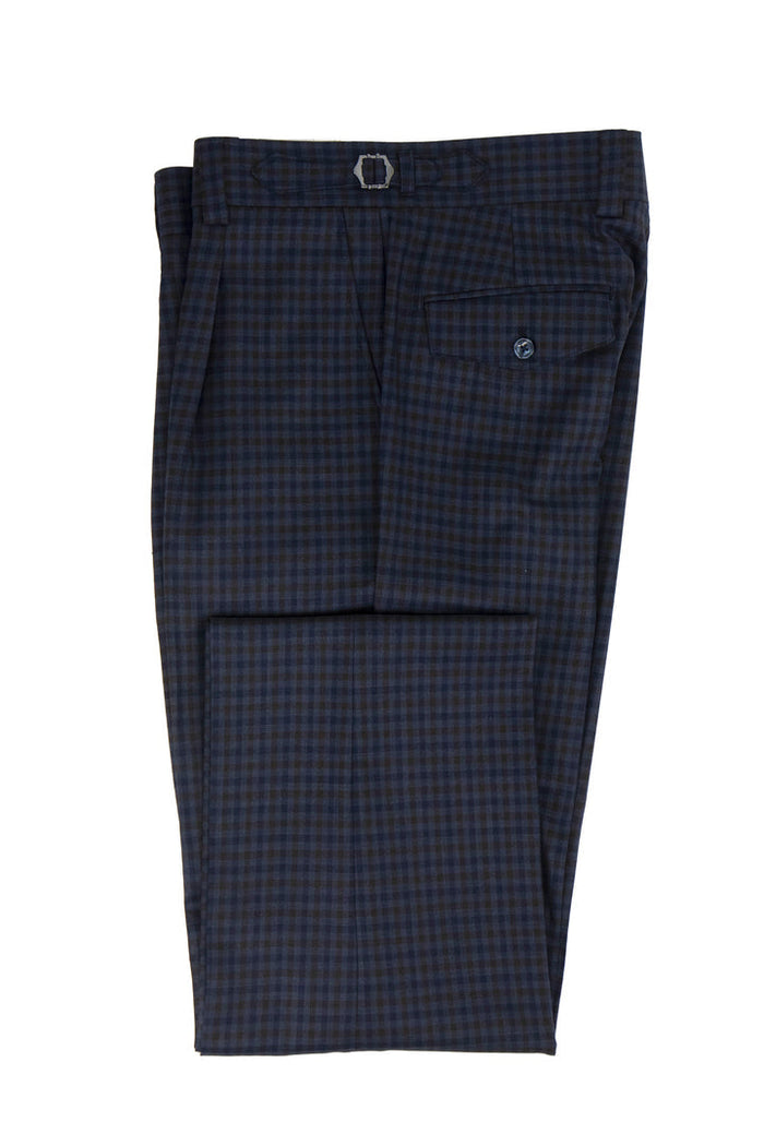 Tiglio Luxe navy/brown check Marbella dress pants. Semi-wide leg, classic check pattern. Wool fabric, tailored waistband with button closure, and button-down back pocket. Relaxed fit.
