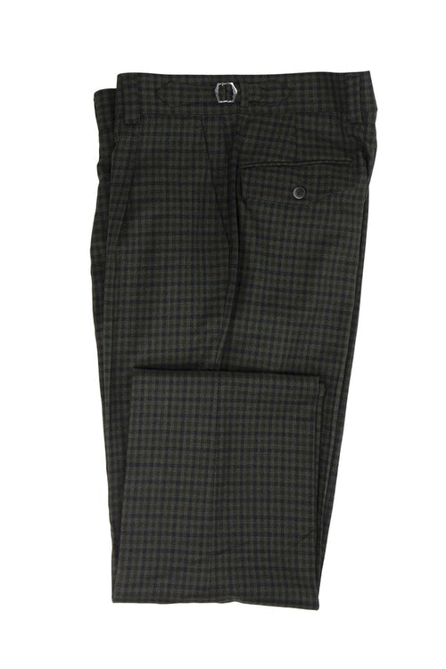 Tiglio Luxe Marbella dress pants in dark green wool with navy check. Semi-wide leg, waistband with belt loops, and a back pocket.
