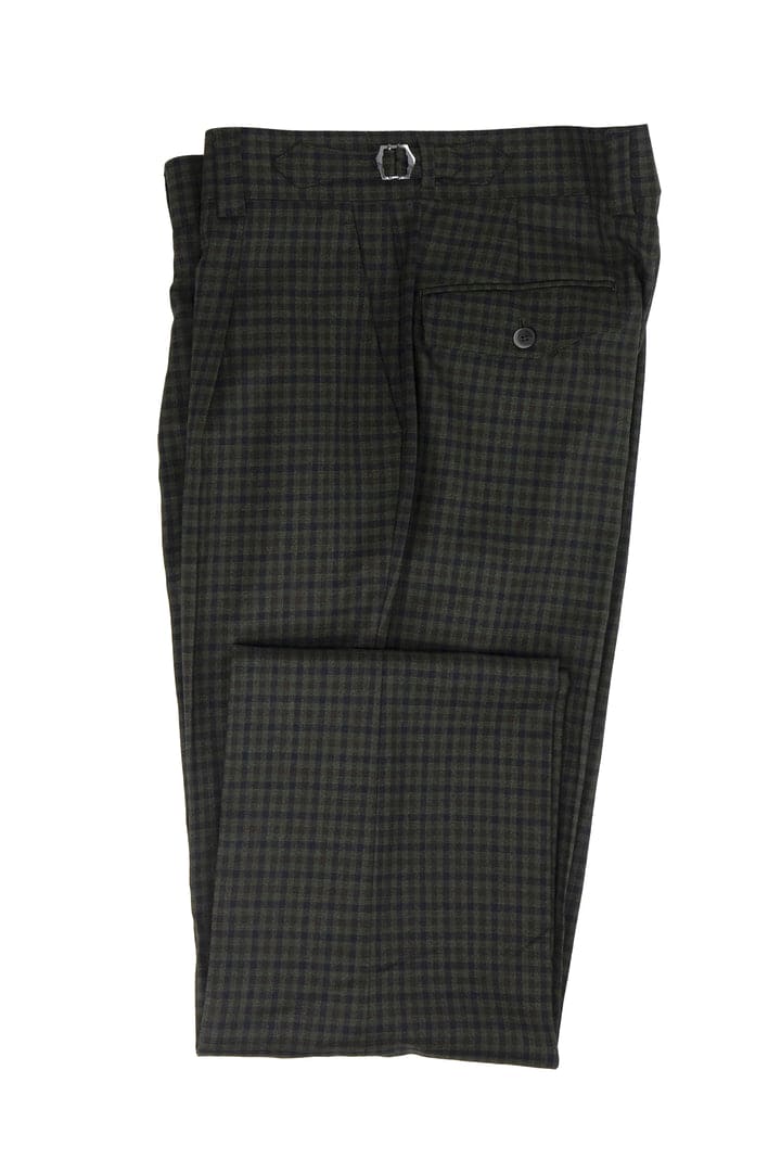 Tiglio Luxe Marbella dress pants in dark green wool with navy check. Semi-wide leg, waistband with belt loops, and a back pocket.
