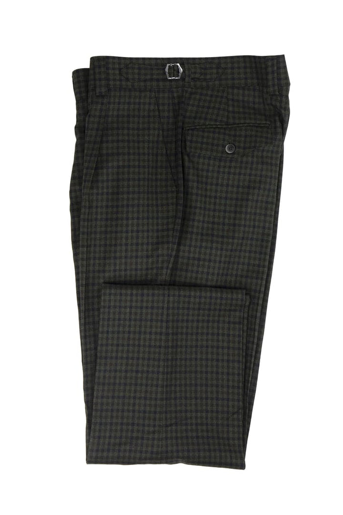 Tiglio Luxe Marbella dress pants in dark green wool with navy check. Semi-wide leg, waistband with belt loops, and a back pocket.
