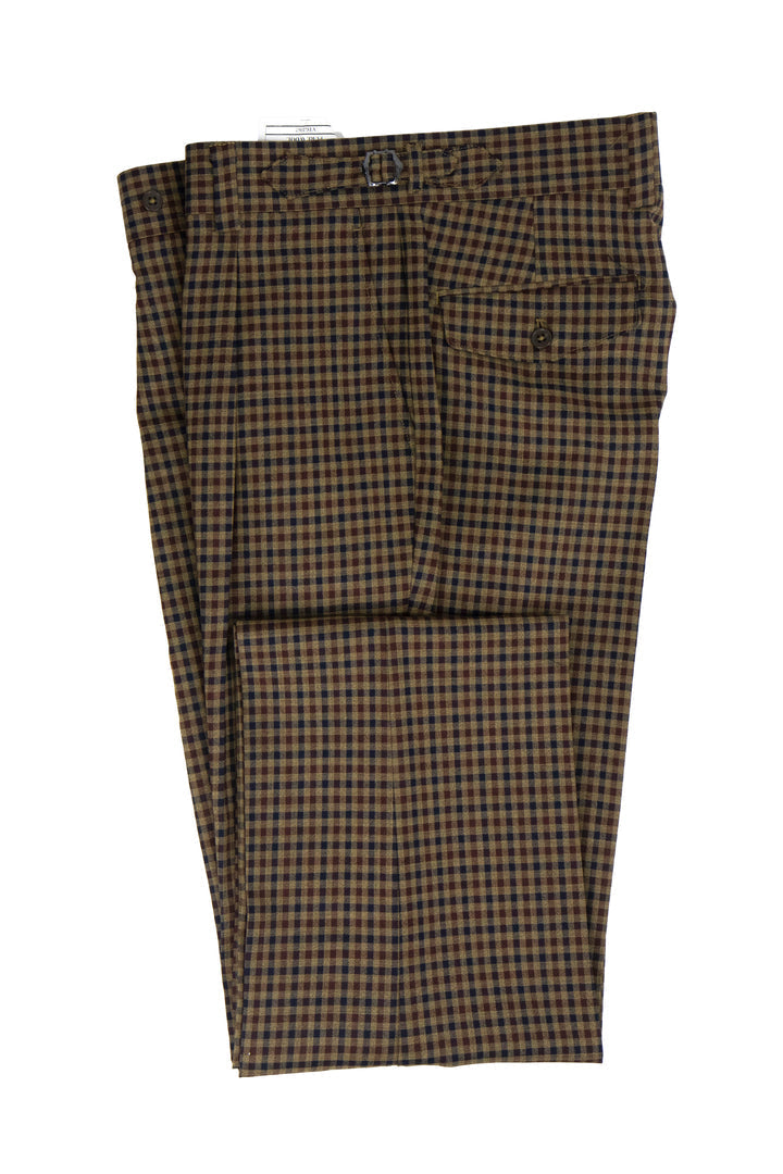 Tiglio Luxe camel wool Marbella dress pants: semi-wide leg, navy check pattern. Features a smooth waistband and visible pockets. Structured, flexible wool.
