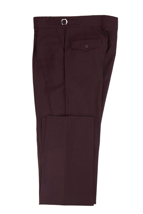 Tiglio Luxe Marbella dress pants. Burgundy wool, semi-wide leg. Features metal buckle, single back pocket with button closure. Elegant and comfortable design.

