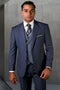 Indigo blue wool suit with a micro plaid vest. Tailored fit, two-button jacket with notched lapel and flap pockets. Consistent color. White shirt and patterned tie complete the look.
