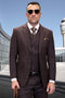 Brown plaid men's modern fit wool suit with double-breasted vest. Includes white shirt, patterned tie. Narrow lapels, two pockets. Fitted silhouette, visible jacket and vest buttons.
