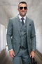 Men's sage green plaid wool suit with a modern fit. Includes a structured jacket, tailored trousers, and a double-breasted vest. Subtle green plaid pattern, textured wool.
