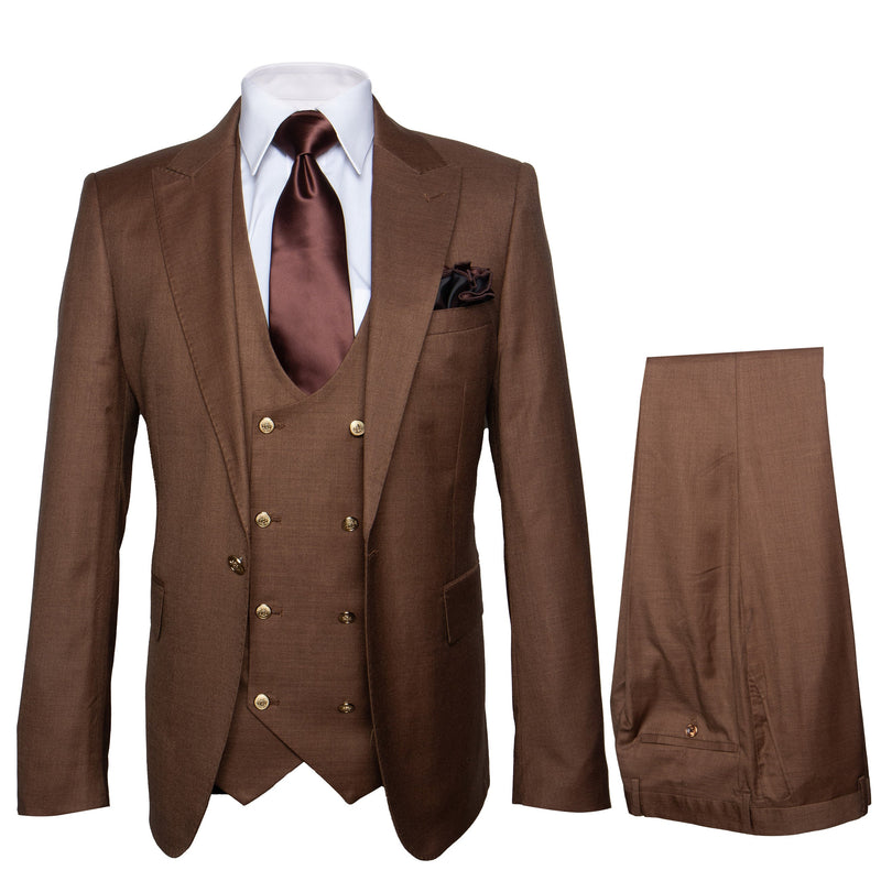 Rossi Man Max RM1392 - Slim Fit 3-Piece Mens Suit in Solid Brown