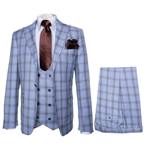 Rossi Man MAX RM1822 Slim Fit 3-Piece Suit – Premium Light Blue & Brown Plaid Formal Suit for Men