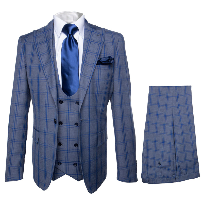 Rossi Man MAX RM1823 Slim Fit 3-Piece Blue Plaid Suit â€“ Tailored for Weddings & Business