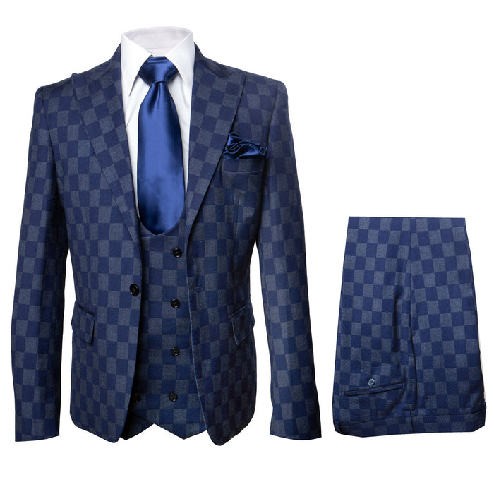 Rossi Man MAX Collection RM1838 â€“ Modern Slim Fit 3-Piece Navy Check Suit for Men