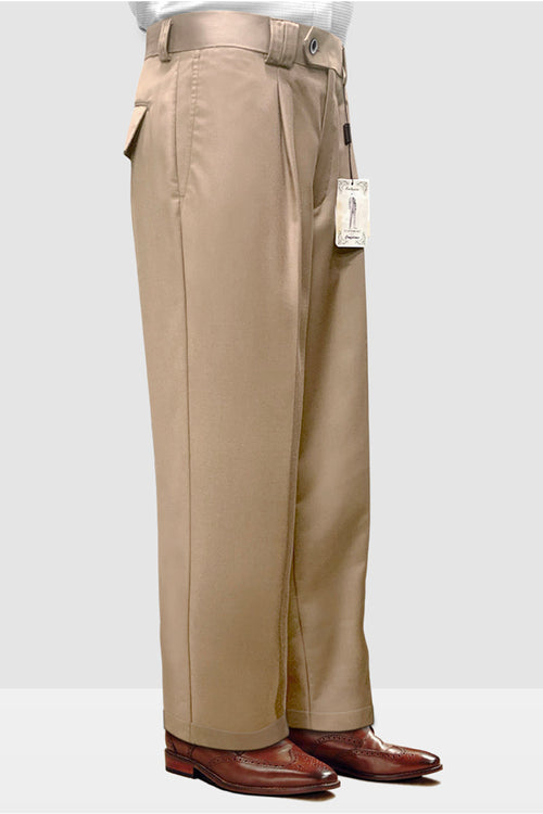 Tan Italian wool wide-leg dress pants. Loose, straight fit with front pleats. Smooth, lightweight fabric. Standard waistband, button closure, and side pocket. Hem falls above dark brown shoes.
