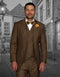 Men's bronze classic fit suit: 2-button jacket & pleated pants. Includes double-breasted vest (visible buttons) worn under jacket. A cohesive, stylish ensemble.