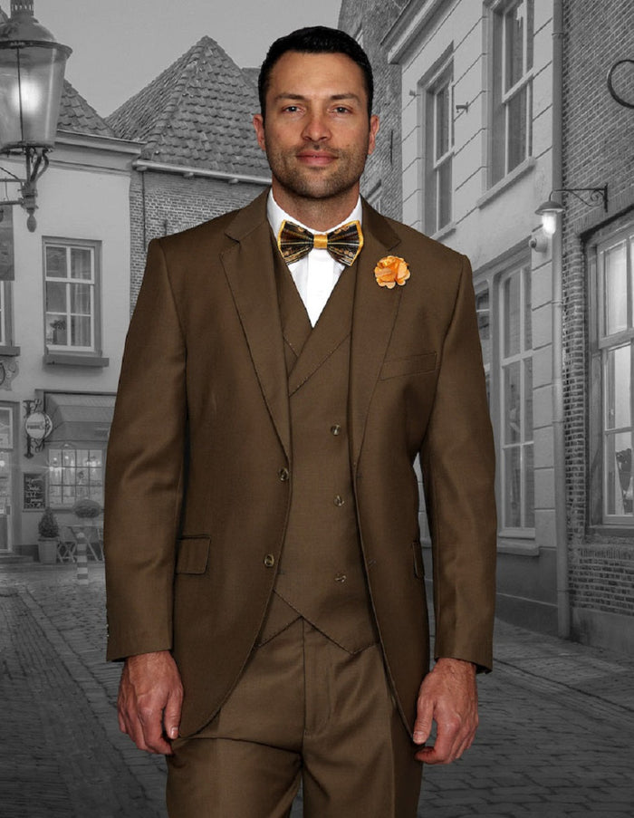 Men's bronze classic fit suit: 2-button jacket & pleated pants. Includes double-breasted vest (visible buttons) worn under jacket. A cohesive, stylish ensemble.