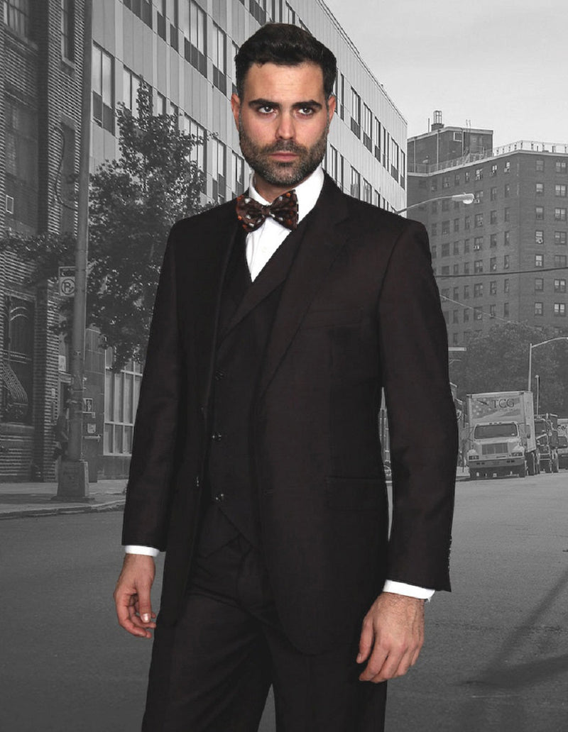 Men's brown 2-button classic fit suit with double-breasted vest and pleated pants. Features a structured jacket, tailored silhouette, and defined lines.