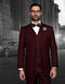 Burgundy men's classic fit suit with double-breasted vest. Features a two-button jacket, pleated pants, and matching vest. Formal, tailored style with a smooth fabric.
