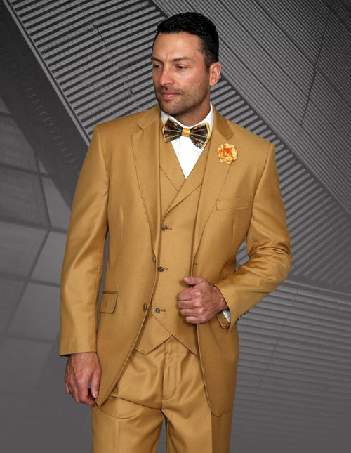 Men's camel-colored 2-button suit with classic fit, pleated pants, and a double-breasted vest. Includes tailored jacket for a complete look.