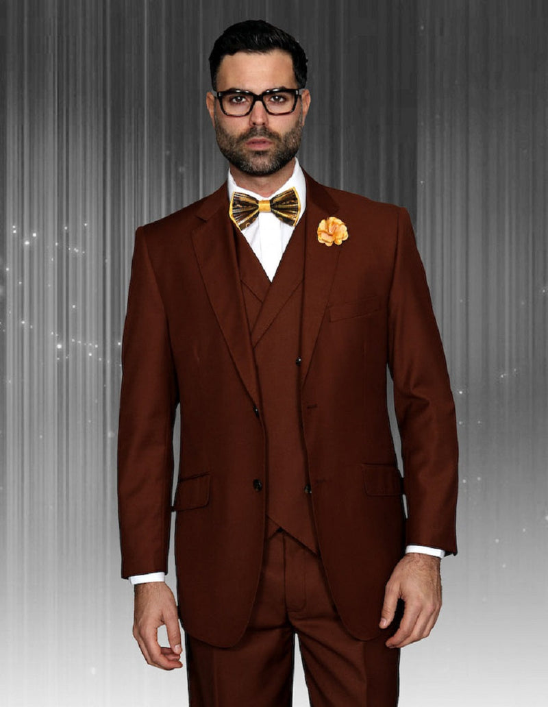 Men's copper 2-button suit with double-breasted vest. Classic fit, pleated pants. Tailored jacket, two front pockets, traditional lapel, and flower pin. Smooth fabric.