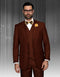 Men's copper 2-button suit with double-breasted vest. Classic fit, pleated pants. Tailored jacket, two front pockets, traditional lapel, and flower pin. Smooth fabric.