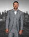 Men's grey 2-button suit with double-breasted vest. Features a tailored fit, pleated trousers, and sharp lines. Includes pointed collar shirt, bow tie, and lapel flower for a coordinated, classic look.
